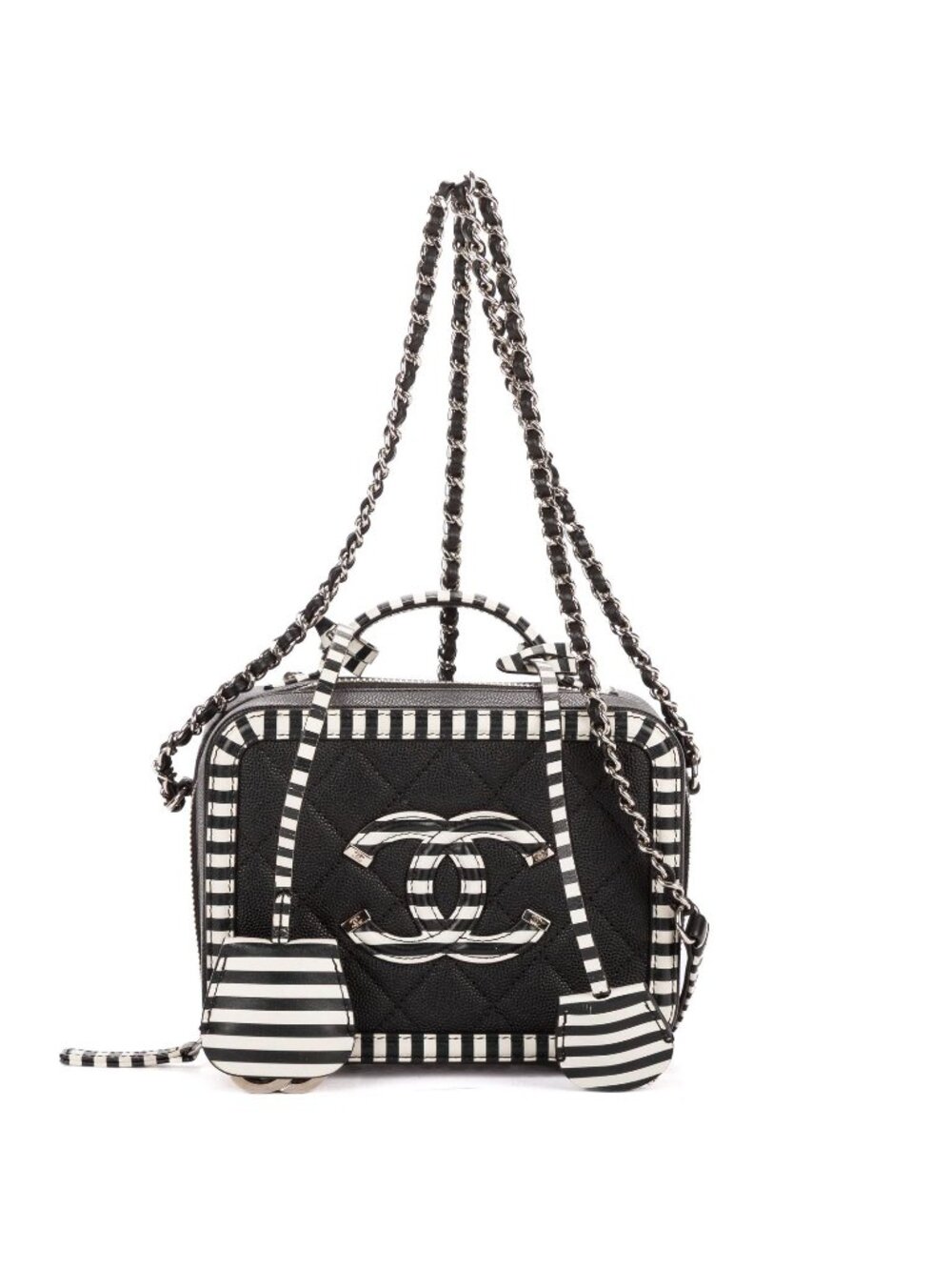 Chanel Small CC Filigree Vanity Case Bag Black White Quilted Cavalli Lambskin